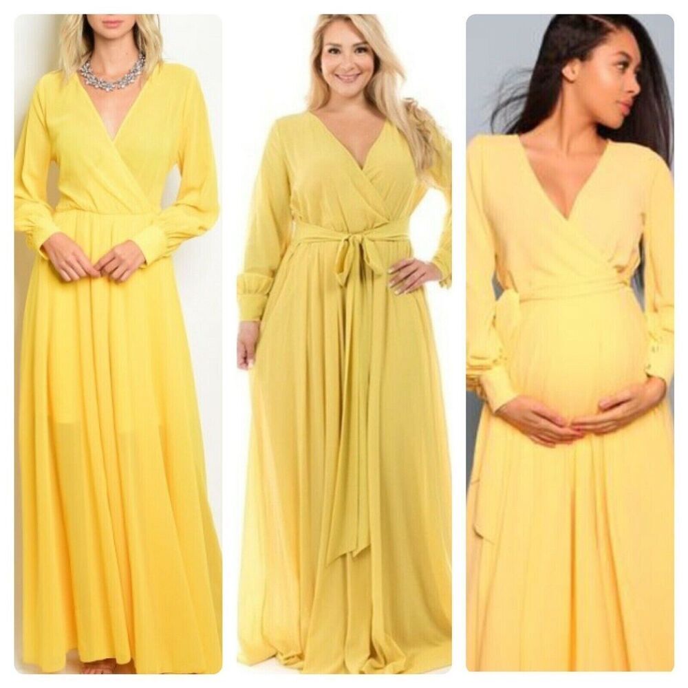 Los Angeles Boutique V Neck Long Sleeve Chiffon Soft Yellow Maxi Dress Belted M